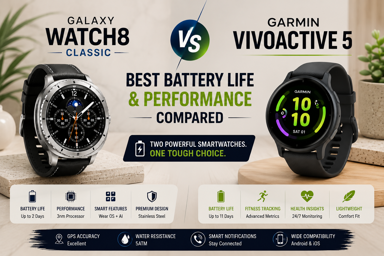 Galaxy Watch8 Classic or Garmin Vivoactive 5: Best Battery Life and Performance Compared