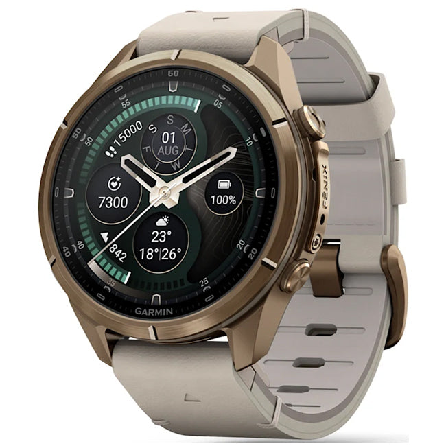Garmin Fenix 9 Pro 43mm inReach LTE AMOLED Sapphire, Autumn Gold Titanium with Bone Leather Band Front Side