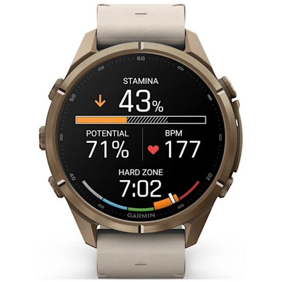 Garmin Fenix 9 Pro 43mm inReach LTE AMOLED Sapphire, Autumn Gold Titanium with Bone Leather Band Front