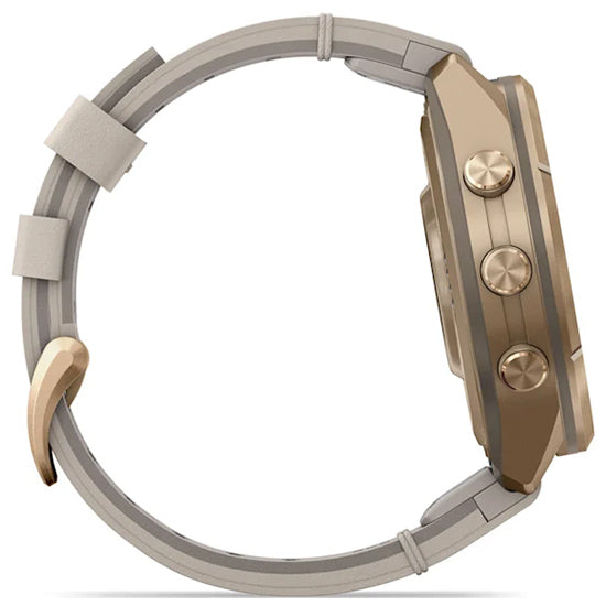 Garmin Fenix 9 Pro 43mm inReach LTE AMOLED Sapphire, Autumn Gold Titanium with Bone Leather Band Side