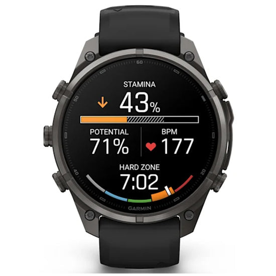 Garmin Fenix 9 Pro 47mm inReach LTE AMOLED Sapphire, Carbon Gray DLC Titanium with Black/Pebble Grey Silicone Band Front