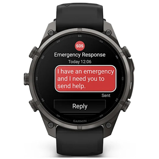 Garmin Fenix 9 Pro 47mm inReach LTE AMOLED Sapphire, Carbon Gray DLC Titanium with Black/Pebble Grey Silicone Band Front
