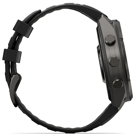 Garmin Fenix 9 Pro 47mm inReach LTE AMOLED Sapphire, Carbon Gray DLC Titanium with Black/Pebble Grey Silicone Band Side