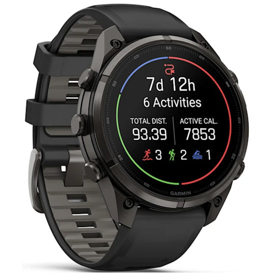 Garmin Fenix 9 Pro 47mm inReach LTE AMOLED Sapphire, Carbon Gray DLC Titanium with Black/Pebble Grey Silicone Band Front Side