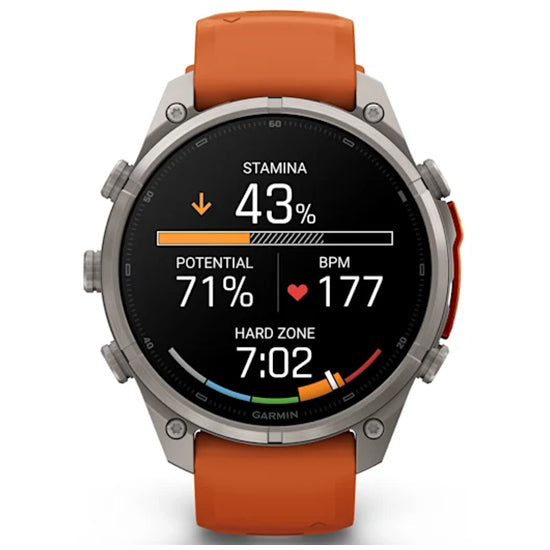 Garmin Fenix 9 Pro 47mm inReach LTE AMOLED Sapphire, Titanium with Autumn Orange/Spark Orange Silicone Band Front