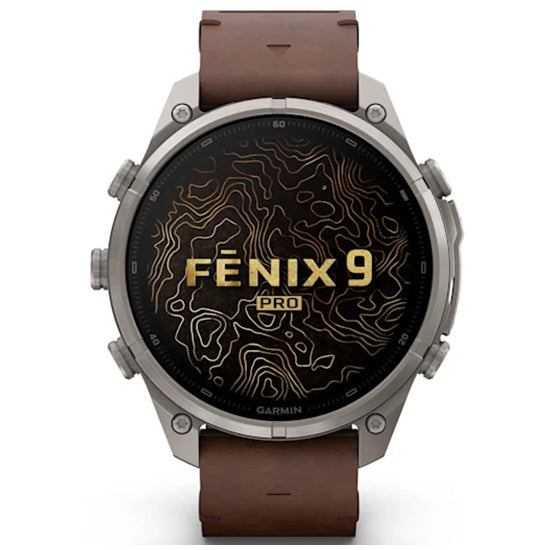 Garmin Fenix 9 Pro 47mm inReach LTE AMOLED Sapphire, Titanium with Walnut Leather Band Front