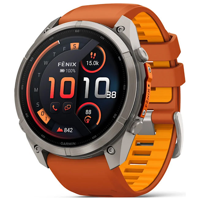 Garmin Fenix 9 Pro 51mm inReach LTE AMOLED Sapphire, Titanium with Autumn Orange/Spark Orange Silicone Band Front Side