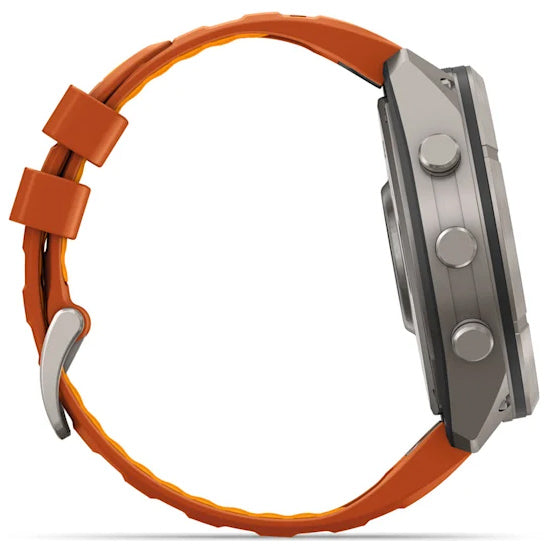 Garmin Fenix 9 Pro 51mm inReach LTE AMOLED Sapphire, Titanium with Autumn Orange/Spark Orange Silicone Band Side