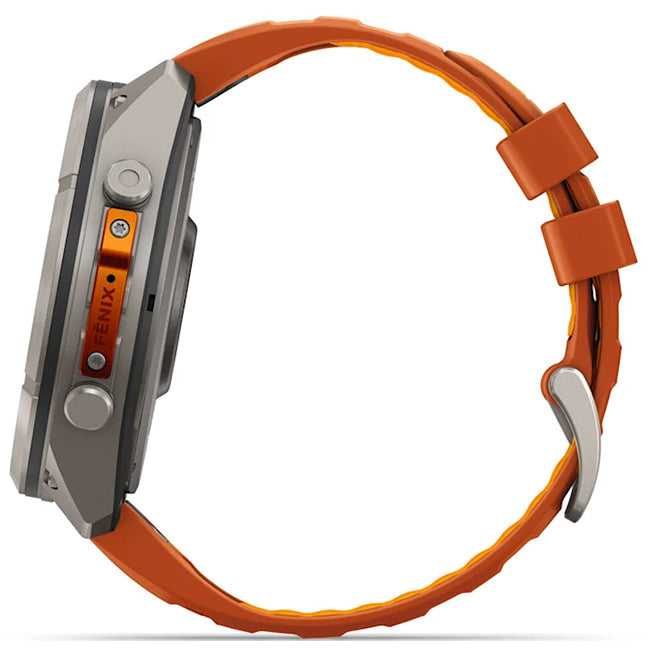 Garmin Fenix 9 Pro 51mm inReach LTE AMOLED Sapphire, Titanium with Autumn Orange/Spark Orange Silicone Band Side