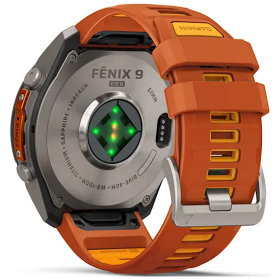 Garmin Fenix 9 Pro 51mm inReach LTE AMOLED Sapphire, Titanium with Autumn Orange/Spark Orange Silicone Band Side