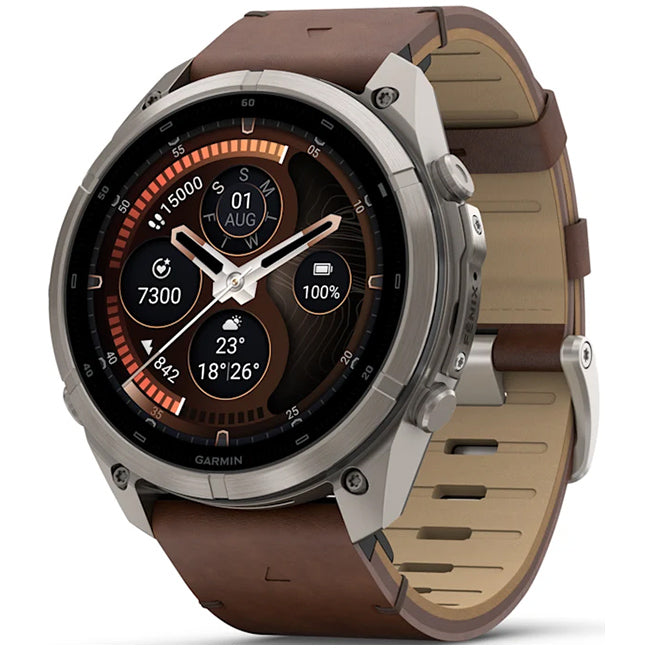 Garmin Fenix 9 Pro 51mm inReach LTE AMOLED Sapphire, Titanium with Walnut Leather Band Front Side