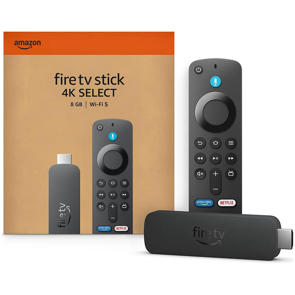 
Amazon Fire TV Stick 4K Select (2025) streaming media player with 8GB storage and Wi-Fi 5 connectivity, supporting 4K Ultra HD streaming, voice control, and access to popular entertainment apps and services.
