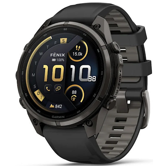 Garmin Fenix 9 Pro 47mm inReach LTE AMOLED Sapphire, Carbon Gray DLC Titanium with Black/Pebble Grey Silicone Band Front Side