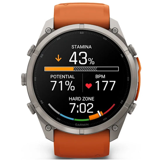 Garmin Fenix 9 Pro 51mm inReach LTE AMOLED Sapphire, Titanium with Autumn Orange/Spark Orange Silicone Band Front