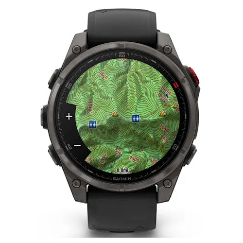 Garmin Fenix 8 Pro 47mm AMOLED Sapphire, Carbon Grey DLC Titanium with Black/Pebble Grey Silicone Band Front