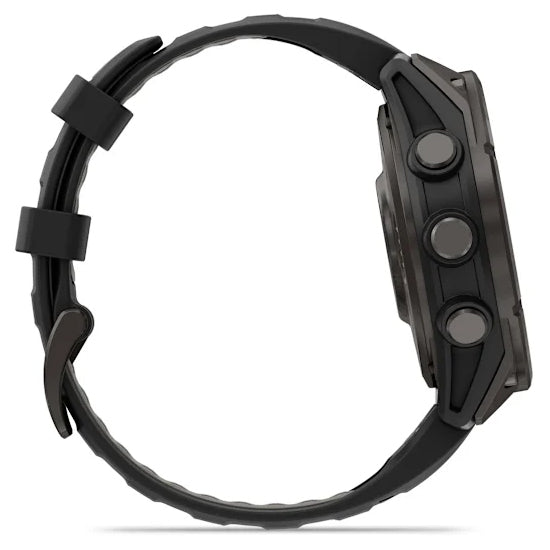 Garmin Fenix 8 Pro 47mm AMOLED Sapphire, Carbon Grey DLC Titanium with Black/Pebble Grey Silicone Band Side