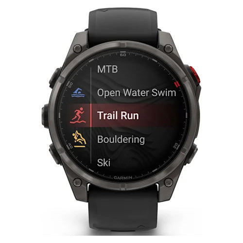 Garmin Fenix 8 Pro 47mm AMOLED Sapphire, Carbon Grey DLC Titanium with Black/Pebble Grey Silicone Band Front
