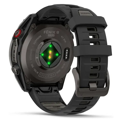 Garmin Fenix 8 Pro 47mm AMOLED Sapphire, Carbon Grey DLC Titanium with Black/Pebble Grey Silicone Band Back Side