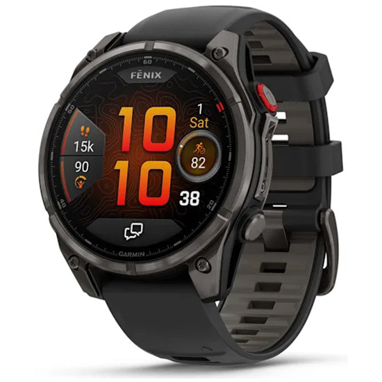 Garmin Fenix 8 Pro 47mm AMOLED Sapphire, Carbon Grey DLC Titanium with Black/Pebble Grey Silicone Band Front Side