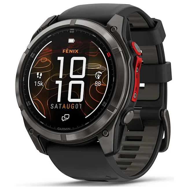 Garmin Fenix 8 Pro 51mm MicroLED Sapphire, Carbon Grey DLC Titanium with Black/Pebble Grey Silicone Band Front Side