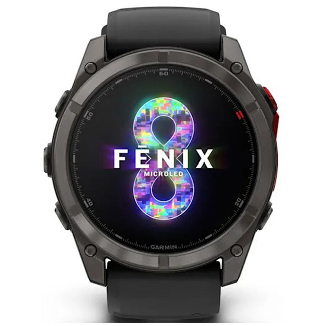 Garmin Fenix 8 Pro 51mm MicroLED Sapphire, Carbon Grey DLC Titanium with Black/Pebble Grey Silicone Band Front