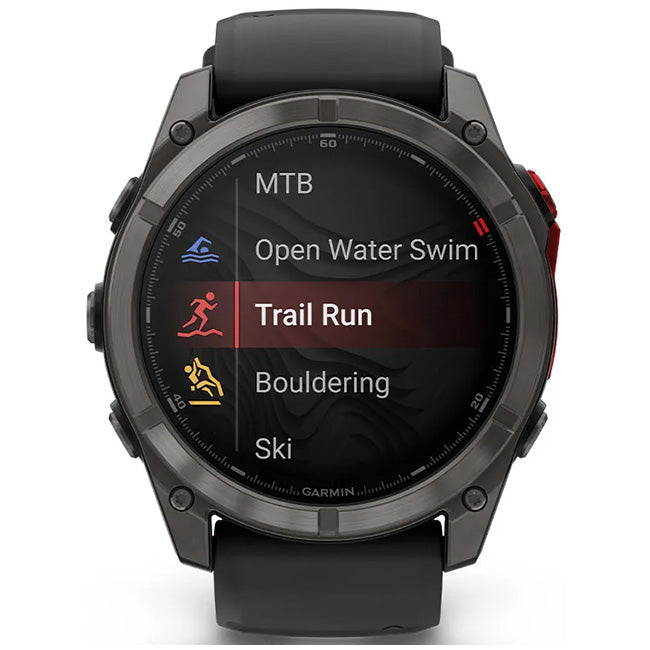 Garmin Fenix 8 Pro 51mm MicroLED Sapphire, Carbon Grey DLC Titanium with Black/Pebble Grey Silicone Band Front