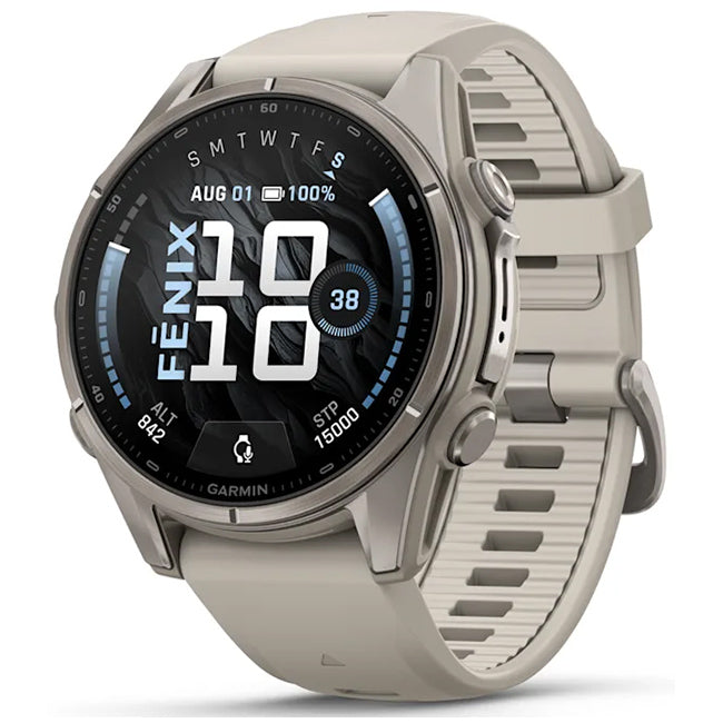 Garmin Fenix 9 43mm AMOLED Sapphire, Titanium with Fog Grey Silicone Band Front Side