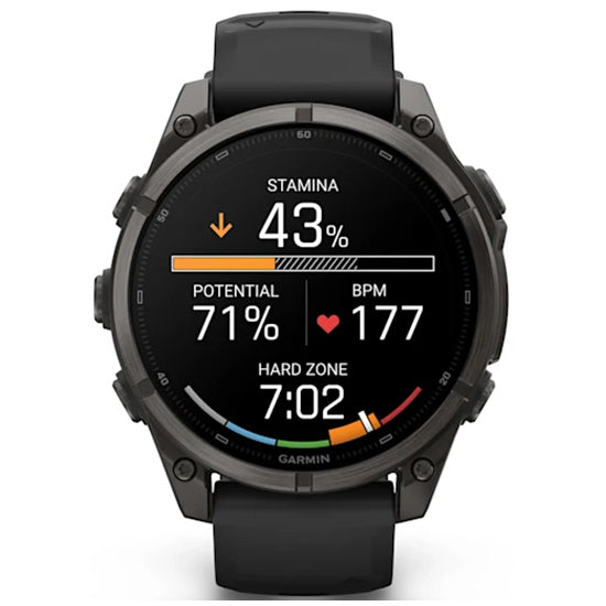 Garmin Fenix 9 47mm AMOLED Sapphire, Carbon Grey DLC Titanium with Black Silicone Band Front 