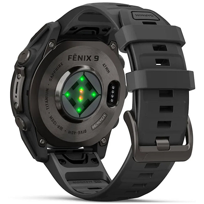 Garmin Fenix 9 47mm AMOLED Sapphire, Carbon Grey DLC Titanium with Black Silicone Band Back Side