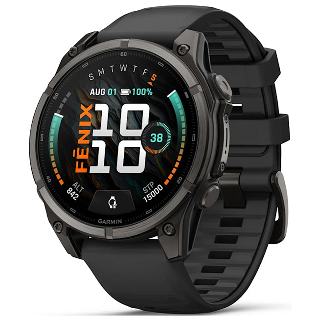 Garmin Fenix 9 51mm AMOLED Sapphire, Carbon Grey DLC Titanium with Black Silicone Band Front Side