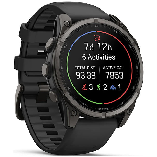 Garmin Fenix 9 51mm AMOLED Sapphire, Carbon Grey DLC Titanium with Black Silicone Band Front Side
