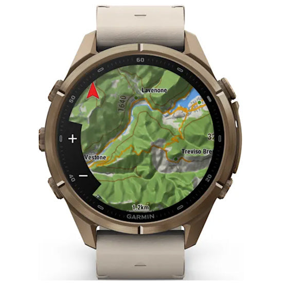Garmin Fenix 9 Pro 43mm inReach LTE AMOLED Sapphire, Autumn Gold Titanium with Bone Leather Band Front