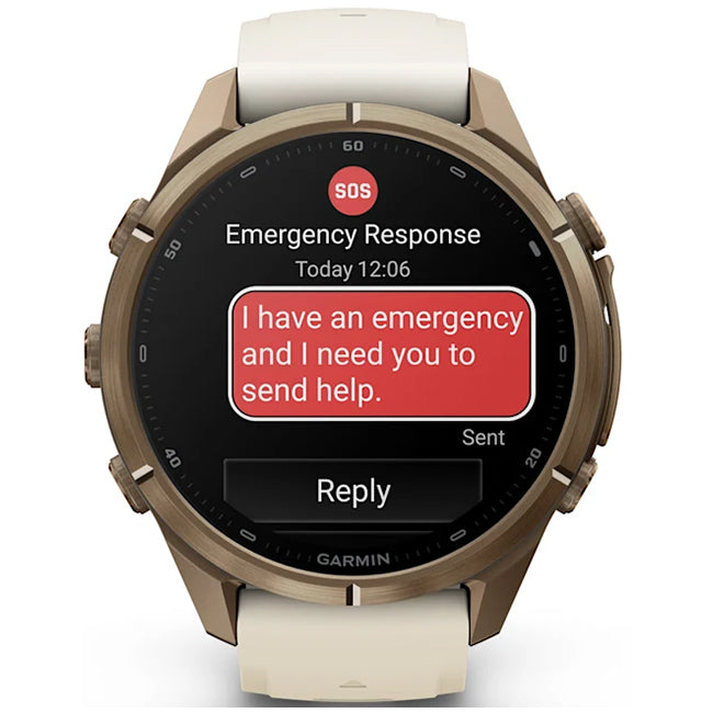 Garmin Fenix 9 Pro 43mm inReach LTE AMOLED Sapphire, Autumn Gold Titanium with Cream/French Grey Silicone Band Front