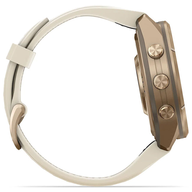 Garmin Fenix 9 Pro 43mm inReach LTE AMOLED Sapphire, Autumn Gold Titanium with Cream/French Grey Silicone Band Side