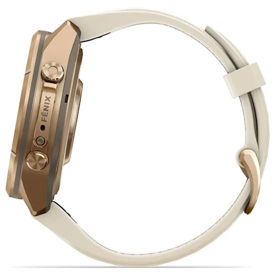 Garmin Fenix 9 Pro 43mm inReach LTE AMOLED Sapphire, Autumn Gold Titanium with Cream/French Grey Silicone Band Side