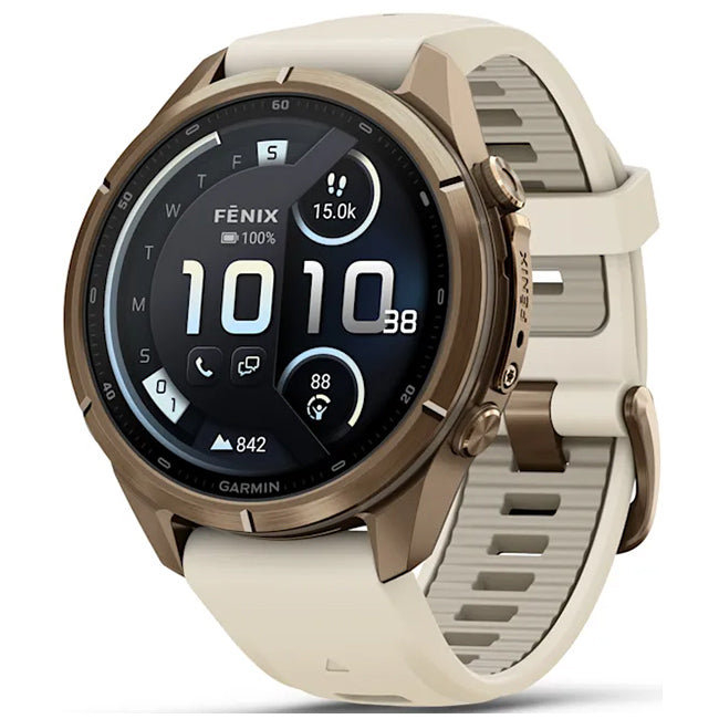 Garmin Fenix 9 Pro 43mm inReach LTE AMOLED Sapphire, Autumn Gold Titanium with Cream/French Grey Silicone Band Front Side