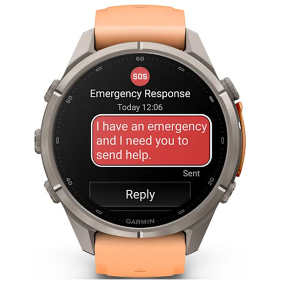 Garmin Fenix 9 Pro 43mm inReach LTE AMOLED Sapphire, Titanium with Shell Pink/Autumn Orange Silicone Band Front