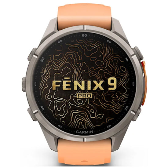 Garmin Fenix 9 Pro 43mm inReach LTE AMOLED Sapphire, Titanium with Shell Pink/Autumn Orange Silicone Band Front
