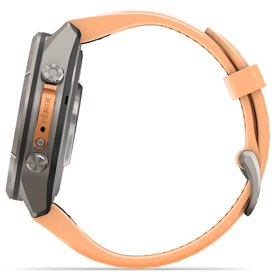 Garmin Fenix 9 Pro 43mm inReach LTE AMOLED Sapphire, Titanium with Shell Pink/Autumn Orange Silicone Band Side