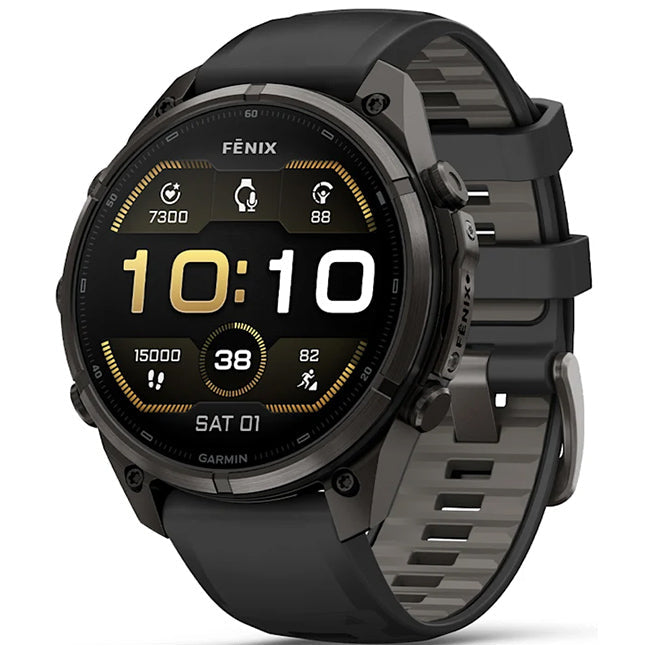 Garmin Fenix 9 Pro 47mm AMOLED Sapphire, Carbon Grey DLC Titanium with Black/Pebble Grey Silicone Band Front Side