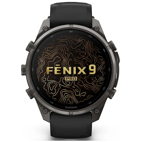 Garmin Fenix 9 Pro 47mm AMOLED Sapphire, Carbon Grey DLC Titanium with Black/Pebble Grey Silicone Band Front