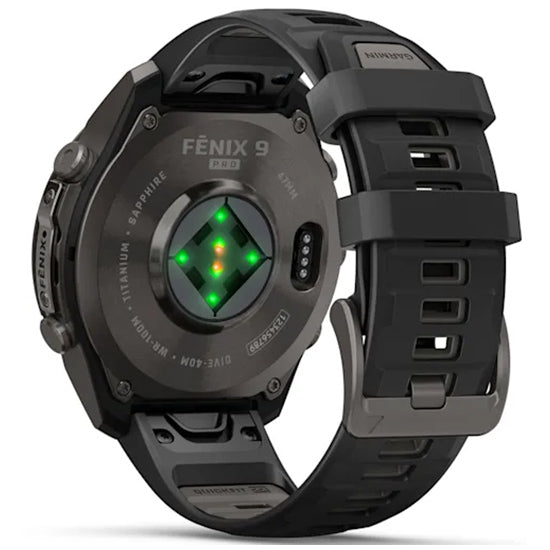 Garmin Fenix 9 Pro 47mm AMOLED Sapphire, Carbon Grey DLC Titanium with Black/Pebble Grey Silicone Band Back Side