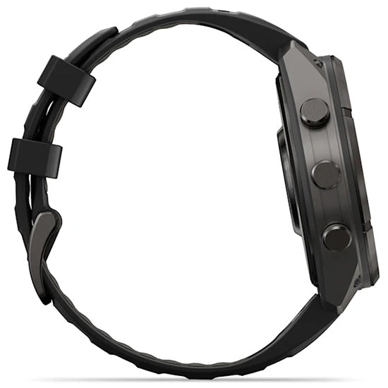 Garmin Fenix 9 Pro 47mm AMOLED Sapphire, Carbon Grey DLC Titanium with Black/Pebble Grey Silicone Band Side