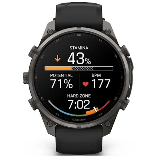 Garmin Fenix 9 Pro 47mm AMOLED Sapphire, Carbon Grey DLC Titanium with Black/Pebble Grey Silicone Band Front