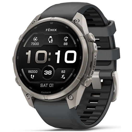 Garmin Fenix 9 Pro 47mm AMOLED Sapphire, Titanium with Graphite/Black Silicone Band Front Side