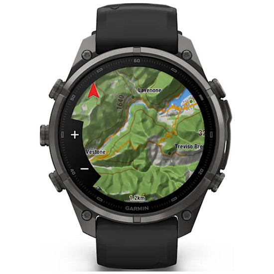 Garmin Fenix 9 Pro 47mm inReach LTE AMOLED Sapphire, Carbon Gray DLC Titanium with Black/Pebble Grey Silicone Band Front