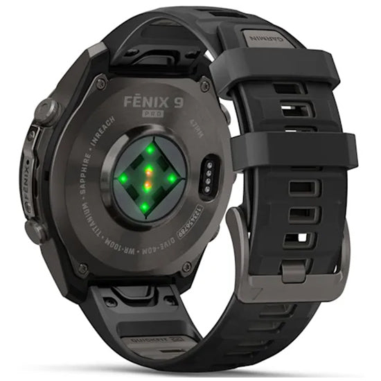 Garmin Fenix 9 Pro 47mm inReach LTE AMOLED Sapphire, Carbon Gray DLC Titanium with Black/Pebble Grey Silicone Band Back Side