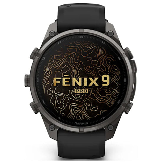 Garmin Fenix 9 Pro 47mm inReach LTE AMOLED Sapphire, Carbon Gray DLC Titanium with Black/Pebble Grey Silicone Band Front