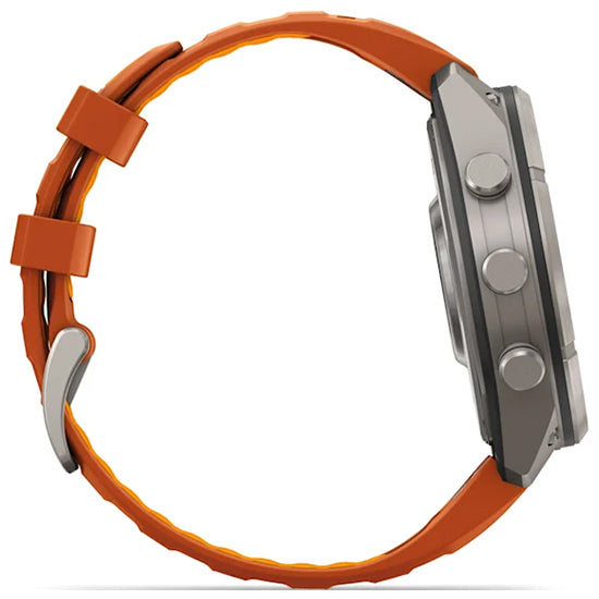 Garmin Fenix 9 Pro 47mm inReach LTE AMOLED Sapphire, Titanium with Autumn Orange/Spark Orange Silicone Band Side