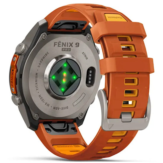 Garmin Fenix 9 Pro 47mm inReach LTE AMOLED Sapphire, Titanium with Autumn Orange/Spark Orange Silicone Band Back Side